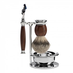 Set de barbierit cu aparat de ras compatibil Gillette Fusion, pamatuf cu par de bursuc cu maner din lemn de esenta tare si bol Muehle Sophist S 93 H 47 SF